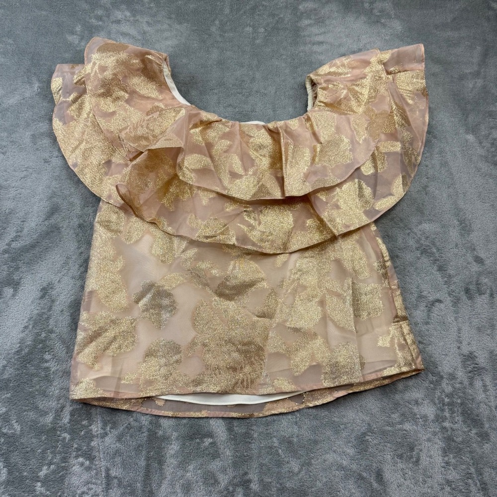 Lilly Pulitzer Trixie One Shoulder Ruffle Top Gold Organza Brocade Metallic XS - Picture 3 of 8
